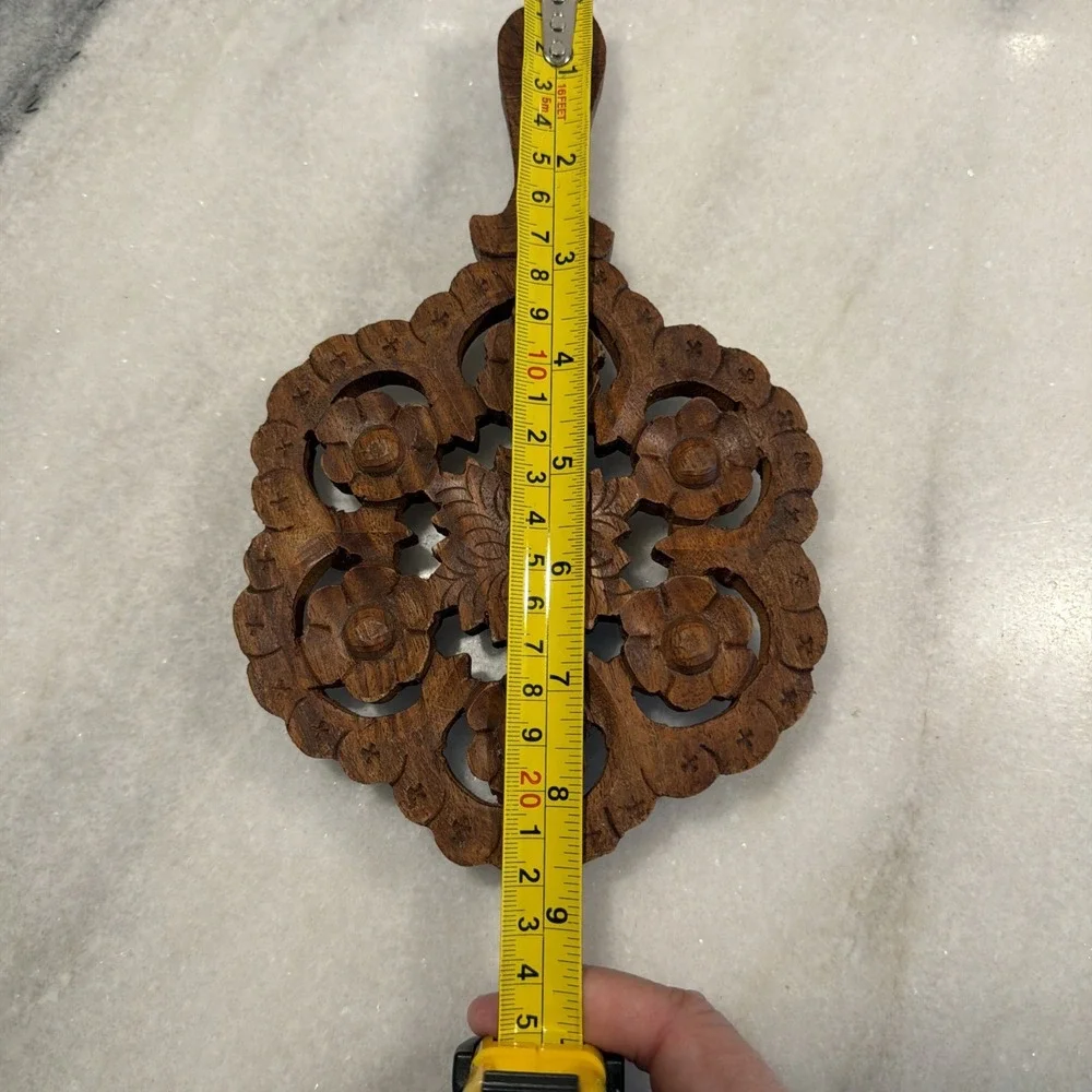 Vintage Hand Carved Wooden Trivet with Handle Made in India 001